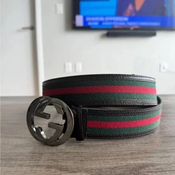 Gucci Brown Leather and Cloth Belt Great Condition Fits Waists 32-36 - Picture 1 of 16